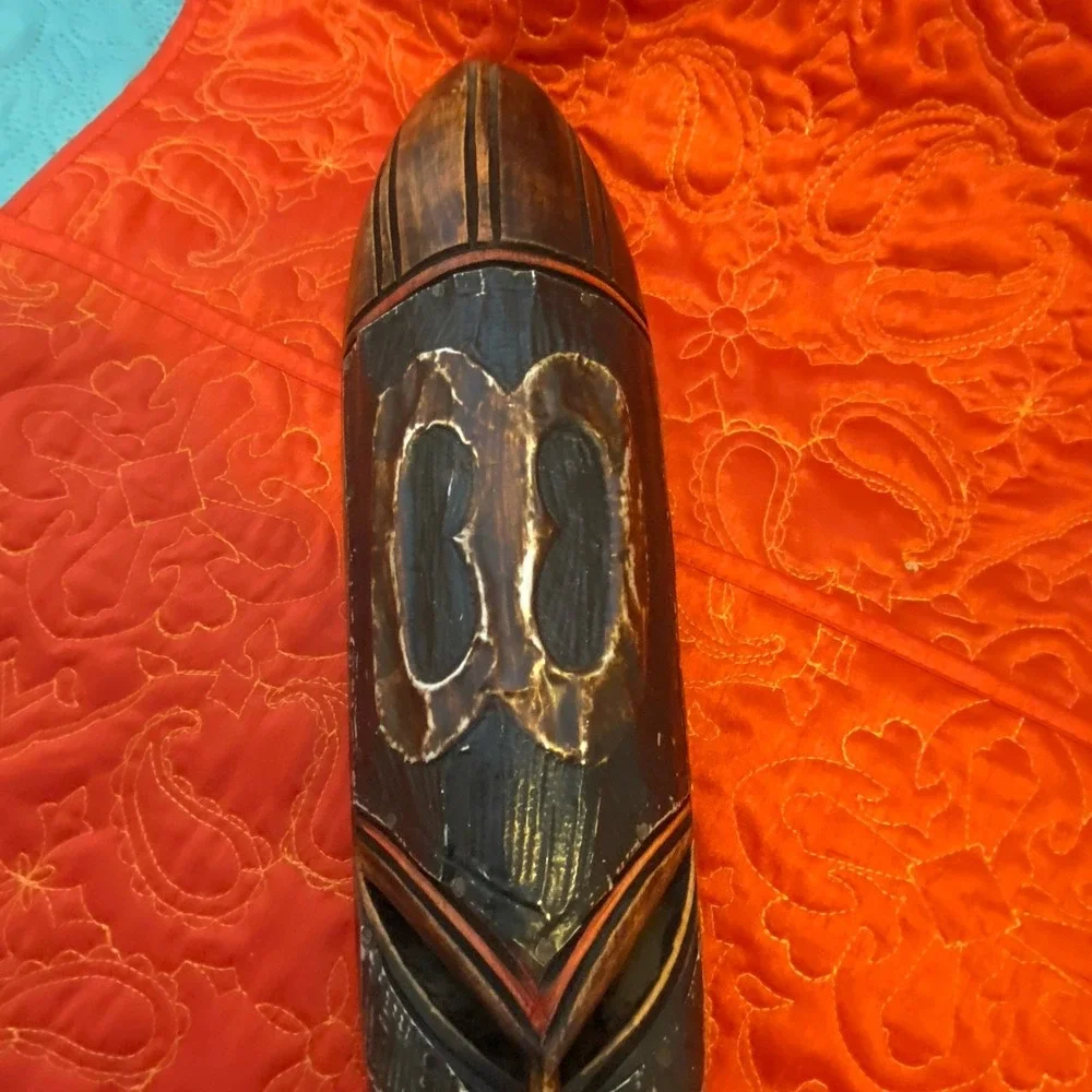 African‎ Tribal Style Wall Face Mask Hand Carved Wood Metal Clad Face Etching